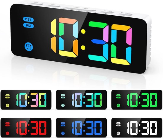 Digitale wekker met led-regenboog scherm, compacte klok voor nachtkastje met dimmer en volumeniveaus