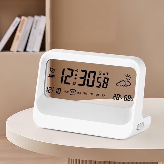 Digitale wekker met meerdere alarmen, tijd-, datum-, temperatuur- en snooze-weergave, 12/24-uurs nachtlampje, op batterijen, voor slaapkamer, kantoor en reizen (wit)