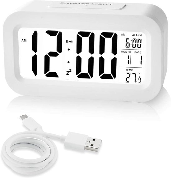 Digitale Wekker - Nachtkastje Klok - Wakker Worden - Slimme Lichtsensor - 13 x 8 x 4.5 cm - Wit
