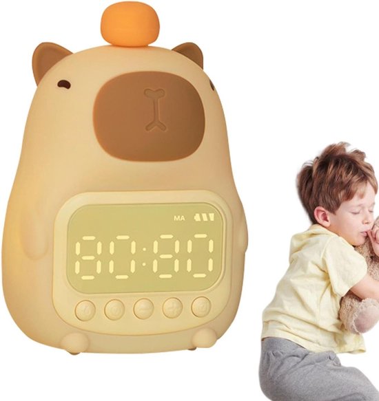 Digitale Wekker - Nachtlamp Klok - Kinderkamer Decoratie - Traploos Dimbaar - 15 cm Hoog - Geel