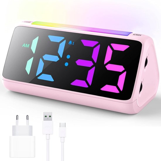 Digitale Wekker - Nachtlamp Klok - Slaapkamer Organisatie - Kleurrijk LED Display - Einheitsgröße - Roze