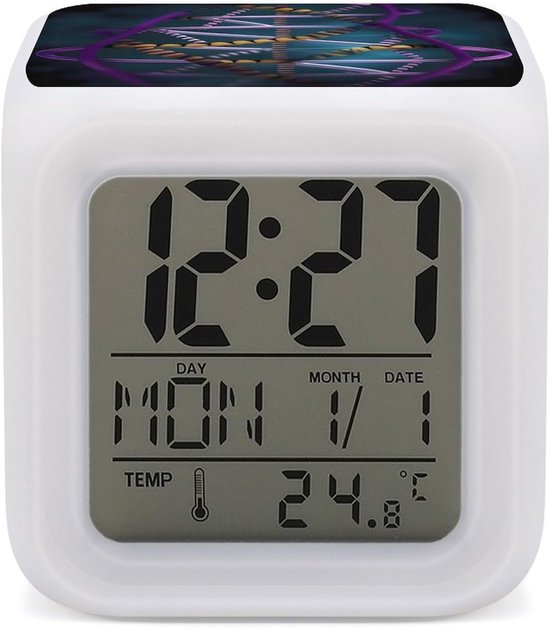 Digitale Wekker - Nachtlamp Klok - Wakker Worden - 7 Kleuren Licht - Vierkant - DNA Ketting Foto