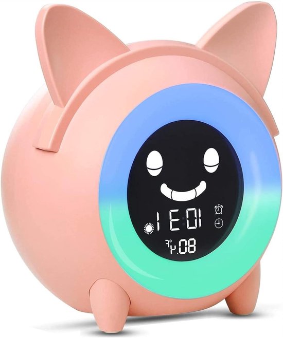 Digitale Wekker - Nachtlampje Geluidsmachine - Kind Slaap Trainer - 5 Kleuren Veranderend - 1800 Gram - Roze