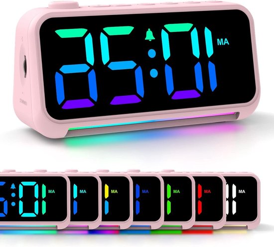 Digitale Wekker - Nachtlampje Klok - Kamer Verlichten - 7 Kleuren Display - 6 Inch - Roze