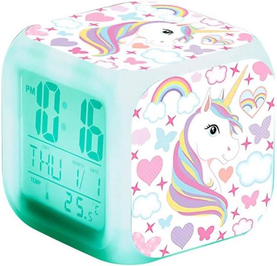 Digitale Wekker - Nachtlampje Kubus - Kinderkamer Decoratie - 7 Kleuren Licht - Eenhoorn Thema