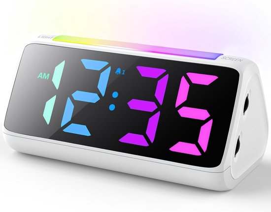 Digitale Wekker - Nachtlampje Wekker - Tijd Weergeven - Groot RGB Display - 4.8 cm Cijferhoogte - Wit