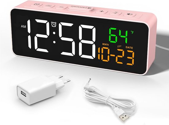 Digitale Wekker - Nachttafelklok - Wakker Worden - Temperatuur Datum - Compact Formaat - Roze