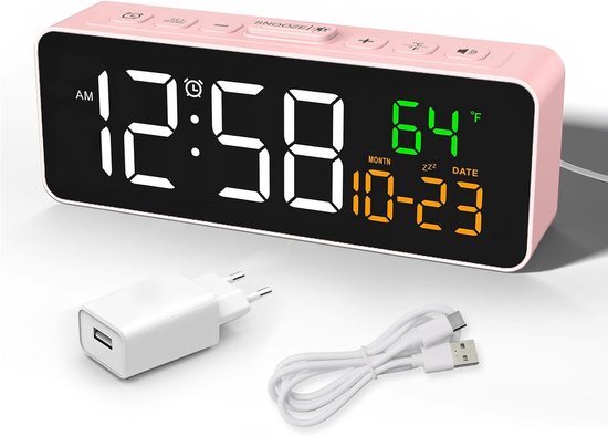 Digitale Wekker - Nachttafelwekker - Wakker Worden - Temperatuur Datum - 15 cm - Roze