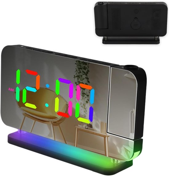 Digitale Wekker - Projectie Klok - Rustig Ontwaken - Instelbare Led Kleuren - 16.8 cm Breed - Zwart