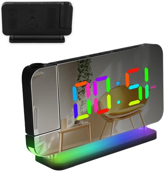 Digitale Wekker - Projectie Klok - Slaapkamer Verlichting - Instelbare Helderheid - 5 cm Breed - Zwart