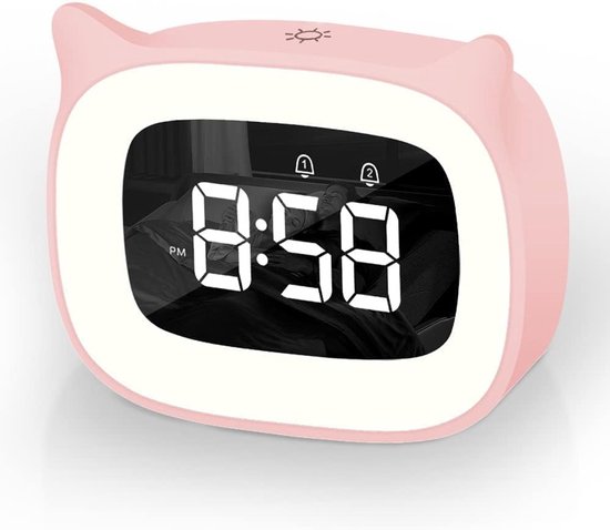 Digitale wekker voor kinderen met licht en muziek, snooze-functie, schattig design, tijdgestuurd nachtlampje, Roze