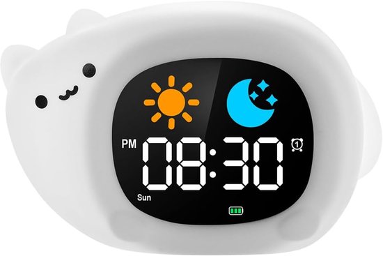 Digitale Wekker voor Kinderen, Slaaptrainer met Snooze-Functie en Licht, 6 Natuurlijk Geluid Zonsopgang, Wakker Licht met 8 RGB Kleuren, Cadeaus, Kat van Merkloos