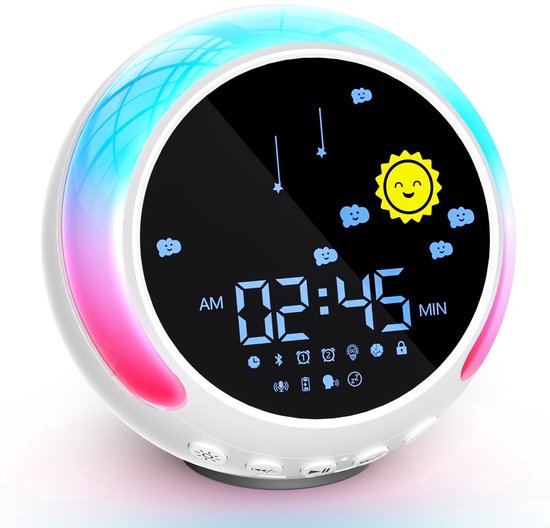 Digitale wekker - Wekker kinderen - Slaaptrainer - Nachtlampje - Bluetooth snooze wekker voor kinderen met white noise - dimbare - 11 lichtkleuren - met luidspreker en opnamefunctie - Lichtwekker voor schoolbeginners - Slaapwekker van KindiKids