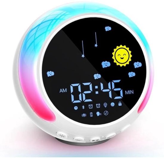 Digitale wekker - Wekker kinderen - Slaaptrainer - Nachtlampje - Bluetooth snooze wekker voor kinderen met white noise - dimbare - 11 lichtkleuren - met luidspreker en opnamefunctie - Lichtwekker voor schoolbeginners - Slaapwekker van casalora