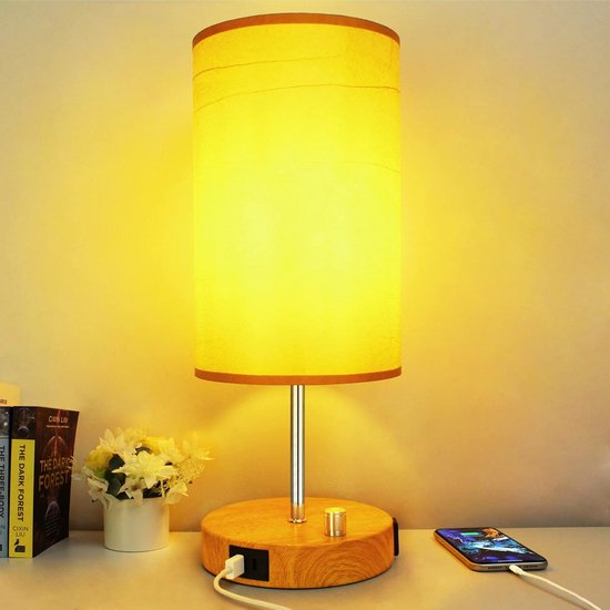 Dimbaar Nachtlampje met USB A+C Oplader en Warm Wit Licht - Tafellamp Hout