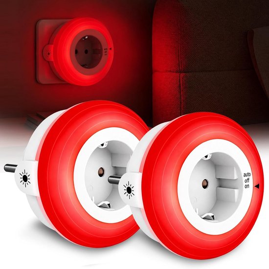 Dimbare 625nm rode nachtlampjes 2‑stuks, schemersensor en 3 helderheidsniveaus, automatische stopcontactlamp [Energieklasse G]