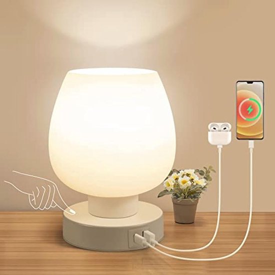 Dimbare Bedlamp met USB-C en A Oplaadpoorten - Kleine Nachtlamp voor Slaapkamer met Witte Opale Lampenkap van Merkloos
