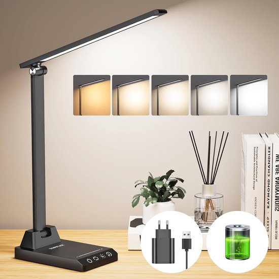 Dimbare LED Bureaulamp - Draadloos Tafellamp met 5 Kleuren en 10 Helderheidsniveaus - Oplaadbare 2000 mAh Batterij
