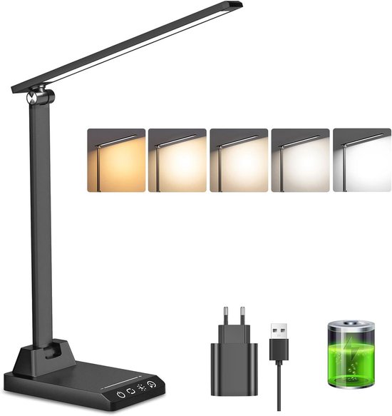 Dimbare LED Bureaulamp met Draadloze Accu en Touch-Bediening - 5 Kleuren en 10 Helderheidsniveaus voor Lezen en Studeren