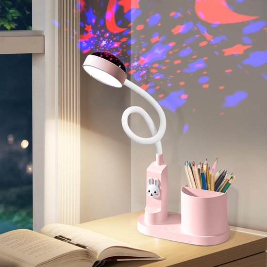 Dimbare LED Tafel Lamp voor Kinderen met Penhouder en Sterrenprojectie, Oplaadbare Leeslamp met 360° Verstelbare Hals in Roze