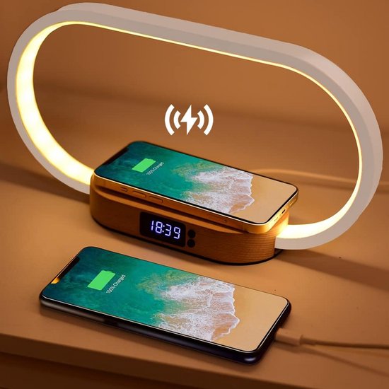 Dimbare Nachtlamp met Digitale Klok, Draadloze Oplader en USB Poort - Hout Look van Merkloos