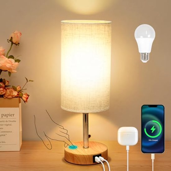 Dimbare Nachtlamp Met USB-A/C Oplaadpoort - Touch Bedlampje Voor Slaapkamer en Woonkamer van Merkloos