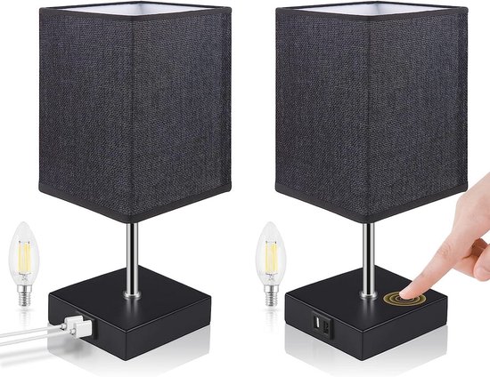 Dimbare Nachtlamp Set van 2 met USB Oplaadpoorten - Vintage LED Tafellamp voor Slaapkamer en Woonkamer