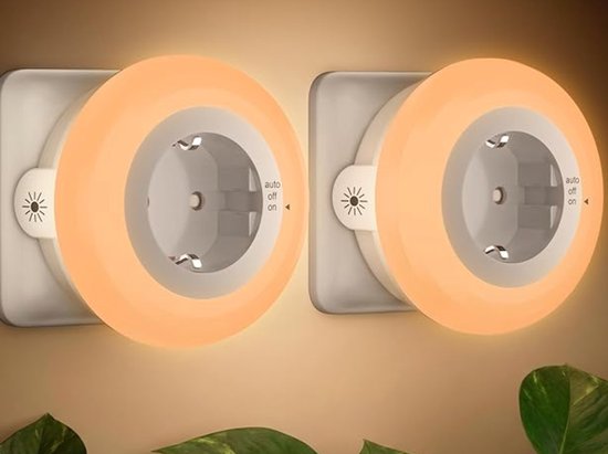 Dimbare oranje slaap‑nachtlampjes 625nm (2 stuks), stopcontactmodel met schemersensor, 3 heldereheidsniveaus, automatische aan/uit voor babykamer en slaapkamer [Energieklasse G]