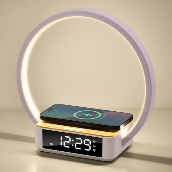 Dimbare touch-bedlamp, 10W tafellamp met draadloze oplader, wake-up light, bureaulamp met klokweergave, 3 helderheidsniveaus voor slaapkamer en kantoor van Ecomoist
