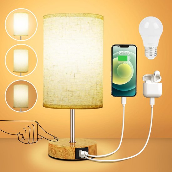 Dimbare Touch Bedlamp met USB-A en USB-C Oplaadpunten - Houten Basis & Linnen Kap van Merkloos
