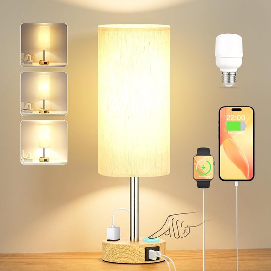 Dimbare Touch Bedlamp met USB A+C Oplaadpoort en Stopcontact, Linnen Kap