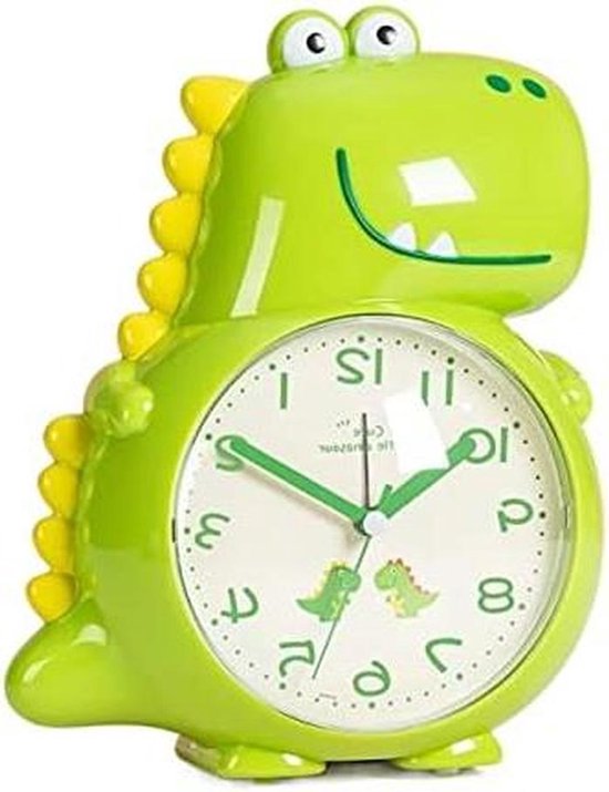 Dinosaurus wekker - Kinderslaaptrainer - Kinderkamer decoratie - Geruisloze wijzer - Werkt op batterijen - Groen