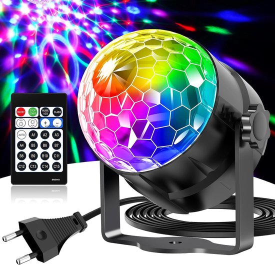Discobal, 360° roterende muziekgestuurde discolamp, partylicht met afstandsbediening en 2 m stekkerkabel, 15 kleuren RGBP lichteffecten, discobal voor thuis, kinderen, verjaardag, feest