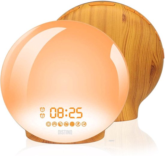 DistinQ Wake-Up Light - Wekkerradio met dubbele wektijd - Slaaphulp met USB aansluiting - Houtkleurig van DistinQ