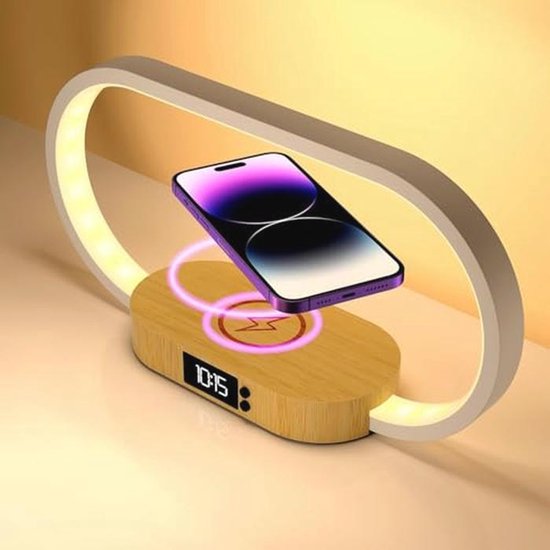 Draadloos Bedlampje met Klok en Touchbediening - Houten Tafellamp met 3 Kleurmodi van Merkloos