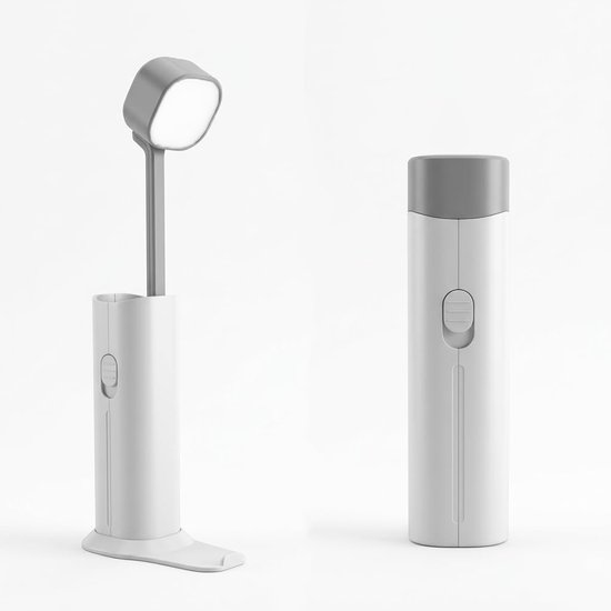 Draadloze 4-in-1 oplaadbare bureaulamp – Opvouwbare en uitschuifbare bedlamp – Combineert zaklamp, telefoonstandaard en ingebouwde powerbank – Voorzien van 3 helderheidsstanden – Geschikt voor lezen, studentenkamers, kamperen en als noodverlichting