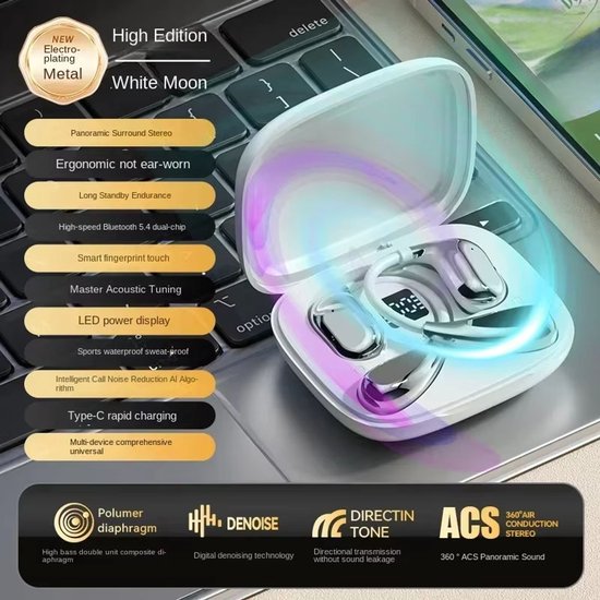 Draadloze Koptelefoon met Oorhaak - Bluetooth 5.3, HiFi Stereo Geluid, Touch Control, Lange Accuduur, Lage Latentie - Sport Oordopjes, Gaming Headset, Draadloze Oortjes