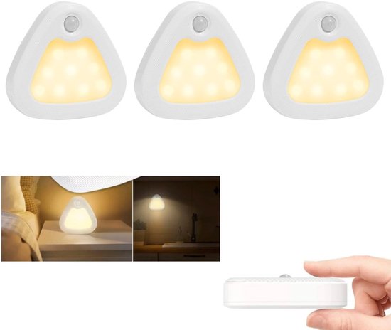 Draadloze LED Lamp met Bewegingssensor en Dag Nacht Sensor, Set van 3, Driehoekige Kastverlichting, Warm Wit 3200K, Magnetisch, voor Kinderkamer, Slaapkamer, Gang, Toilet van Merkloos