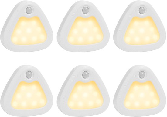Draadloze LED Lamp met Bewegingssensor en Dag Nacht Sensor, Set van 6, Driehoekige Kastverlichting, Warm Wit 3200K, Magnetisch, voor Kinderkamer, Slaapkamer, Gang, Toilet van Merkloos