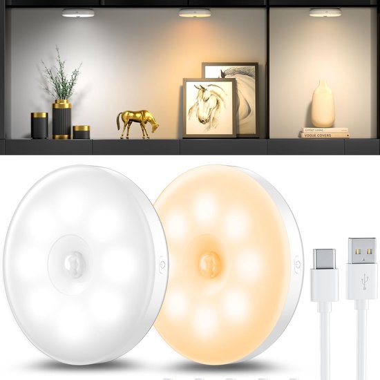Draadloze LED Lamp met Bewegingssensor, Set van 2 Magnetisch, Dimbaar Trapverlichting, 8 LEDs USB Oplaadbare Kastverlichting voor Gang, Slaapkamer, Keuken, Kinderkamer, Energieklasse A van Lacmisc