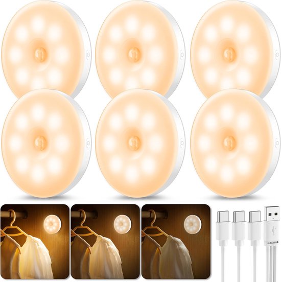 Draadloze LED Lamp met Bewegingssensor, Set van 6 Magnetisch, Dimbaar Trapverlichting, 8 LEDs USB Oplaadbare Kastverlichting voor Gang, Slaapkamer, Keuken, Kinderkamer, Energieklasse A van Tanou.