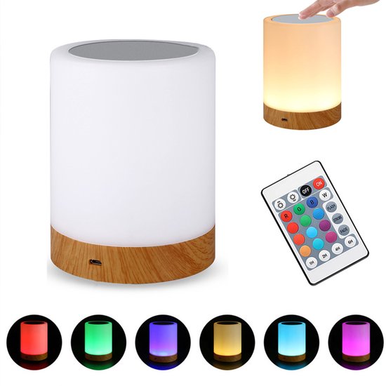 Draagbaar LED-nachtlampje - Nachtlampje voor op het bed - Oplaadbare nachtkastjelamp - Dimbare aanraaklamp - 13 kleuren - 3 helderheidsniveaus - Met afstandsbediening - Geschikt voor kinderkamers, kantoren, slaapkamers en woonkamers - Wit, houtkleur van Merkloos
