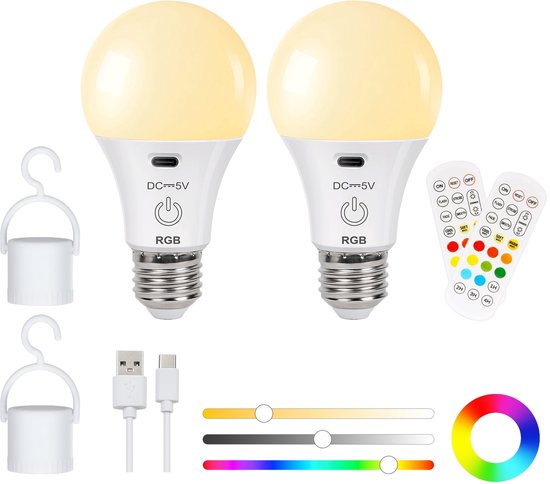 Draagbare LED Lamp, 2 stuks Oplaadbare E26 LED Lampen met Afstandsbediening, Dimbare Lamp met 11 Kleuren en 3 Timerfuncties, 2000mAh Batterij, Voor Binnen en Buiten van Lamppro