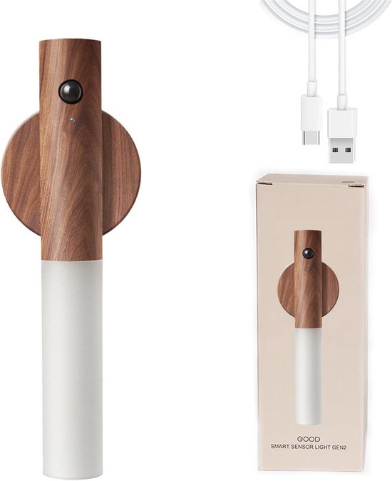 Draaibare Draadloze Nachtlamp met Bewegingssensor en Oplaadbare Batterij Houtlook