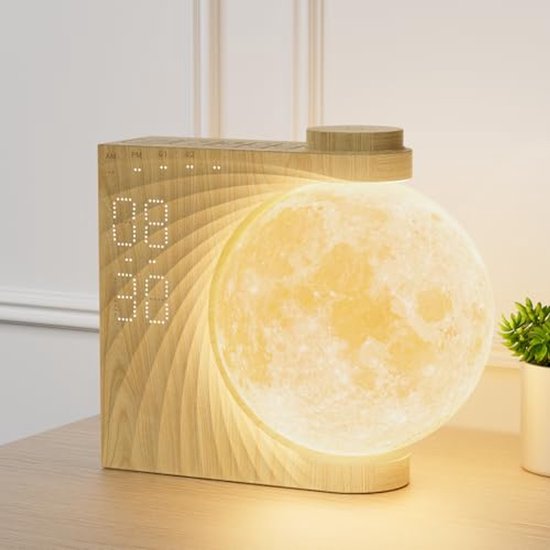 Draaibare Wekker - Maanlicht Klok - Rustige Ontwaking - 10 Kleur Effecten - 165 mm - Houtnerf
