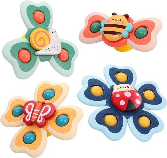 Draaiend speelgoed met zuignap, 4-delige set voor stressvermindering bij baby's, ideaal voor op reis of voor in de badkamer of het raam.