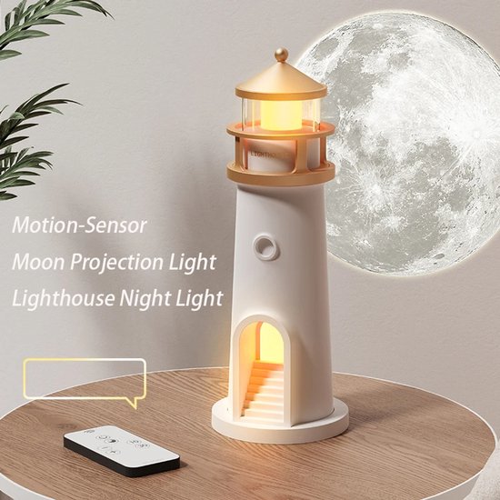 Drijvende Maanlamp met Projectie - Nachtlampje Vuurtoren Stijl met Motion Sensor, Bewegingssensor, Afstandsbediening & Bluetooth Luidsprekers - Sfeerverlichting voor Kinderkamer, Slaapkamer & Kamerdecoratie - Origineel Cadeau van Starryll