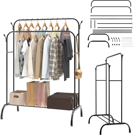 Dubbele kledingrek staand, metaal kledinghanger rek met onder opslagplank en zijhaken, kledingstandaard voor jas, jurk, broek, voor slaapkamer, woonkamer en balkon, 110 cm breed