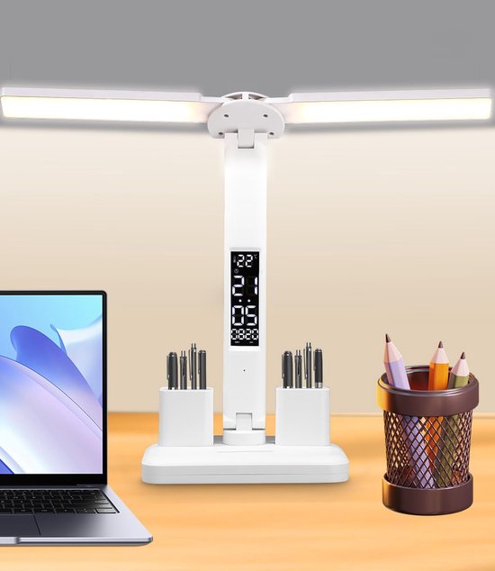 Dubbele LED bureaulamp – 3 kleurtemperaturen, dimbaar, met 2 pennenbakjes,wit