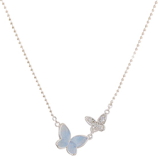 Dubbele Vlinderketting – Blauwe Strass-Steentjes – Feest Sieraad voor Meisjes – Elegant en Sprankelend – Comfortabel en Lichtgewicht – Perfect Cadeau – Stijlvol Accessoire van Merkloos